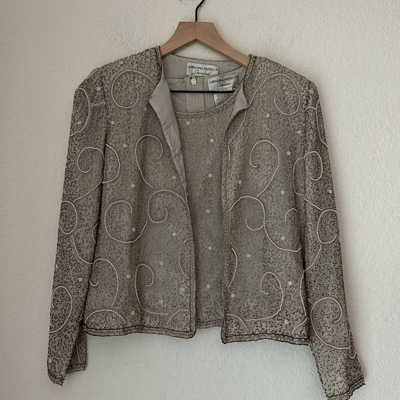 Vintage Adrianna Papell silk sequins silver grey shell and jacket set size 6p - Picture 2 of 8